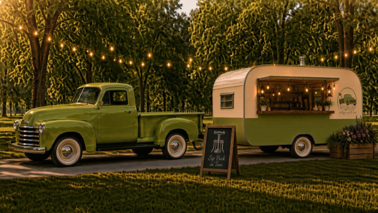 Green 1950 Chevrolet 3600 beside a 1963 Yellowstone canned-ham trailer finished as the 3600 Uncorked mobile bar