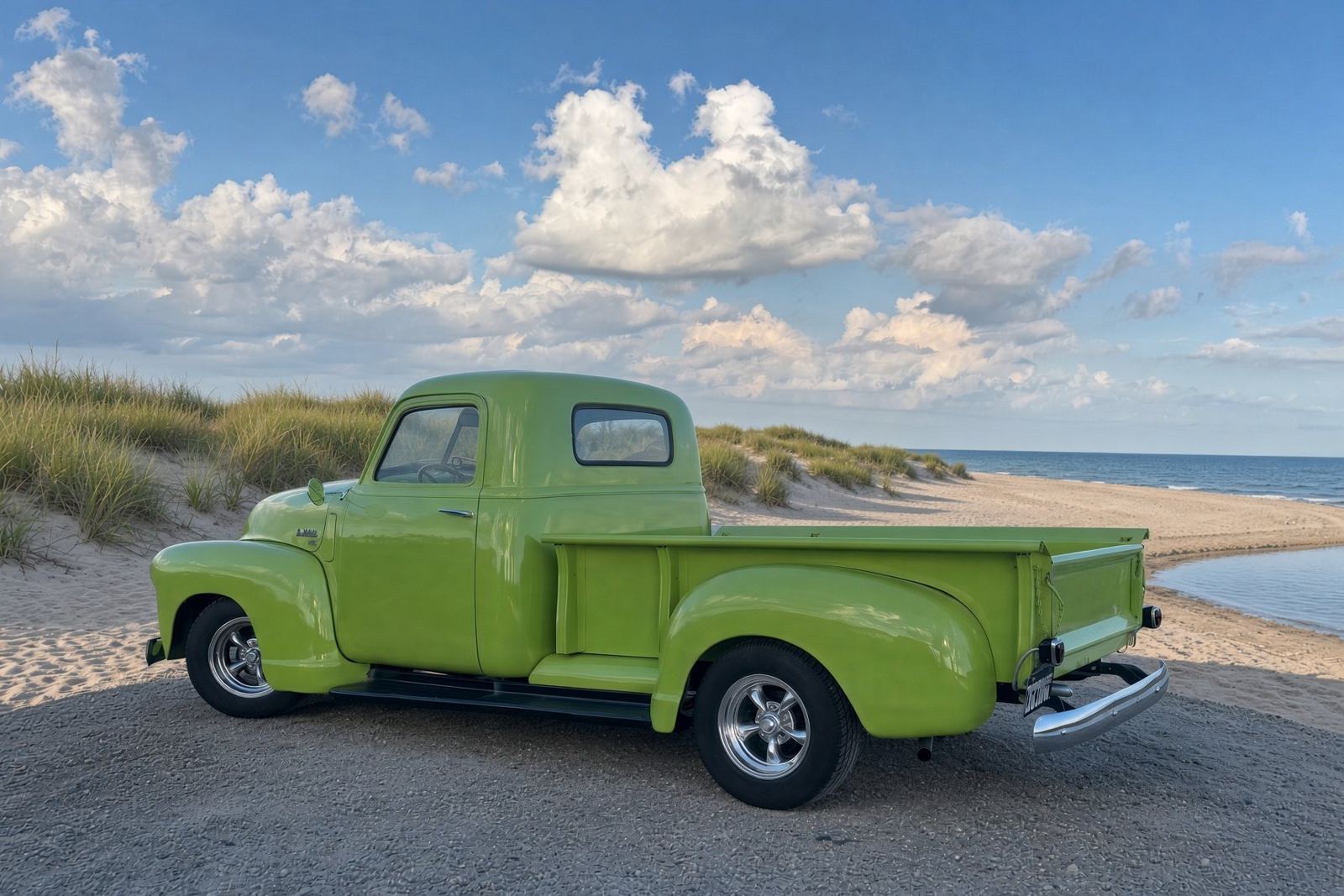Green 1950 Chevrolet 3600 on a Virginia beach, dunes and water beyond