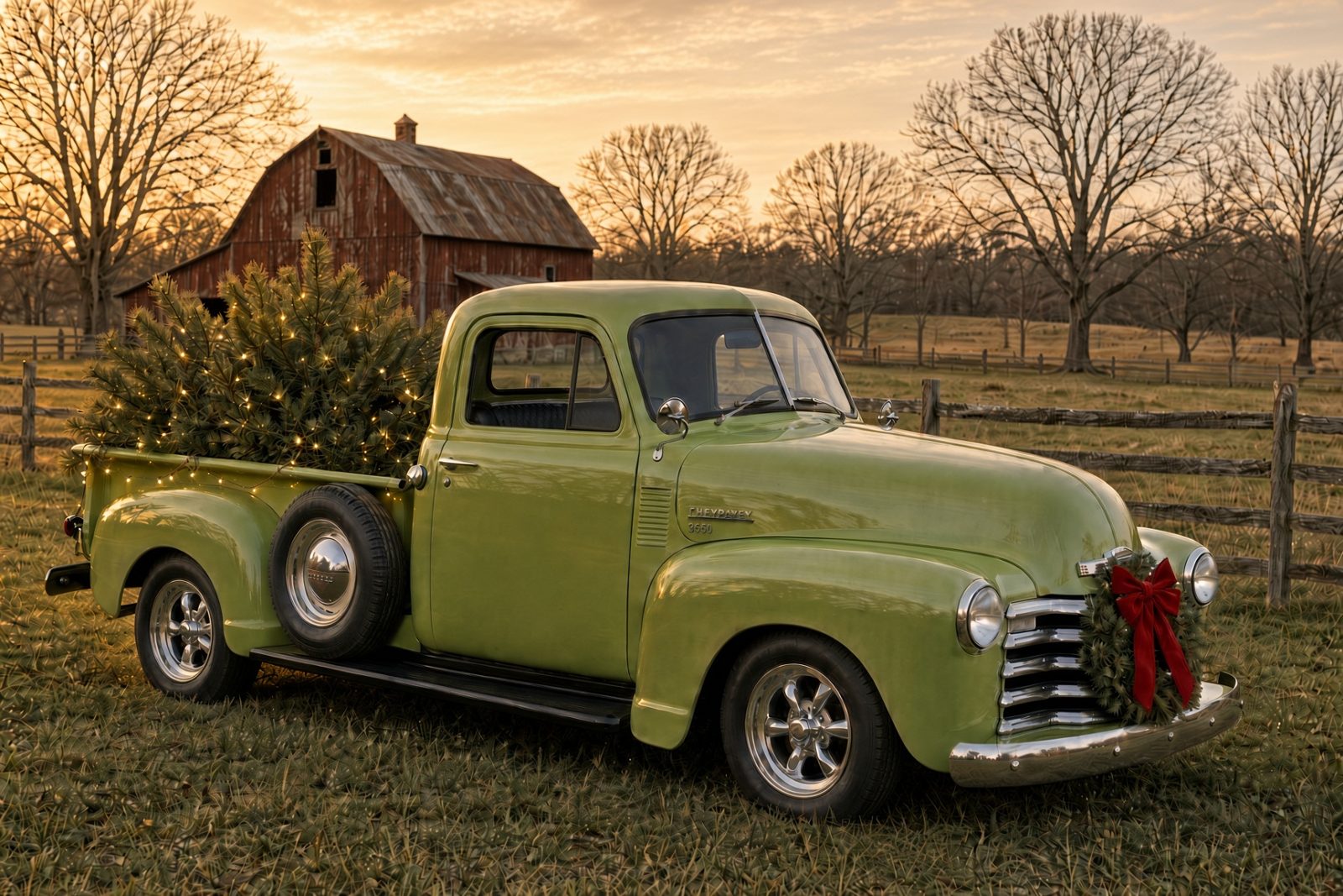 Green 1950 Chevrolet 3600 on a Virginia farm, wreath on the grille for a holiday-card session